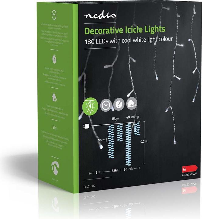Actual product image Nedis Decorative icicle lights | 180 LED's | Cold white | 5.90 m | Light effects: 7 | Mains power supply (10.90 m)