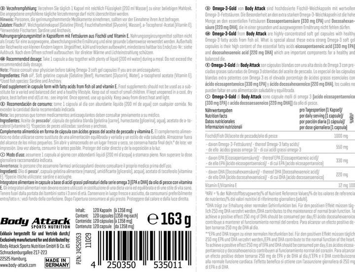 Nutritional values and ingredients Body Attack Omega 3 Gold (120 pcs., Capsules, 160 g)
