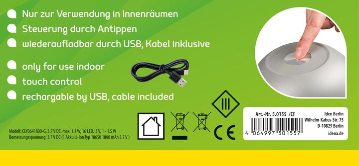 Actual product image Idena LED Tischleuchte Touch Tango Metall grau 15x33cm Akku USB dimmbar 3 Modi Innen