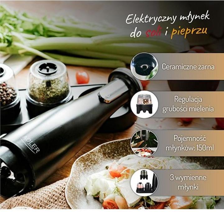 Productafbeelding Adler Elektrische zout- en pepermolen AD 4449b 7 W, Behuizing ABS-kunststof, Lithium, Matzwart (Peper, Zout)