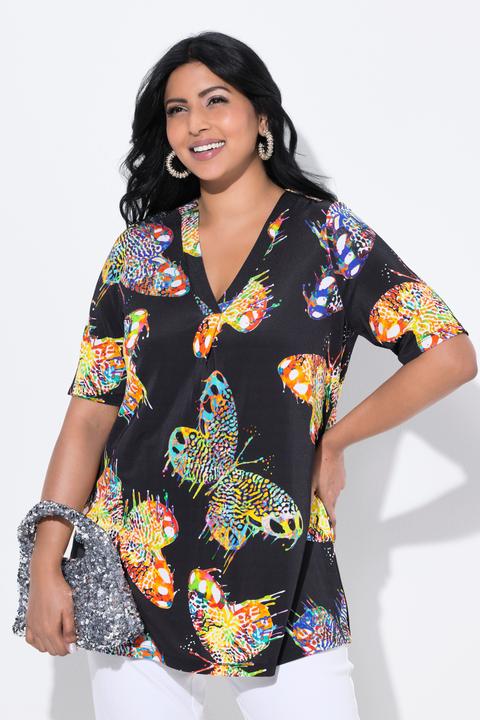 Image du produit Ulla Popken T-shirt au tombé fluide, décolleté en V et manches courtes, motif papillons (58)