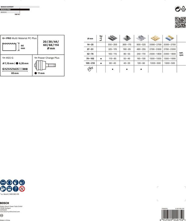 Produktbild Bosch Professional Zubehör PRO Multi Material PC Plus Lochsägen-Set, 8-tlg. (114 mm, 20 mm, 30 mm, 44 mm, 60 mm, 68 mm)