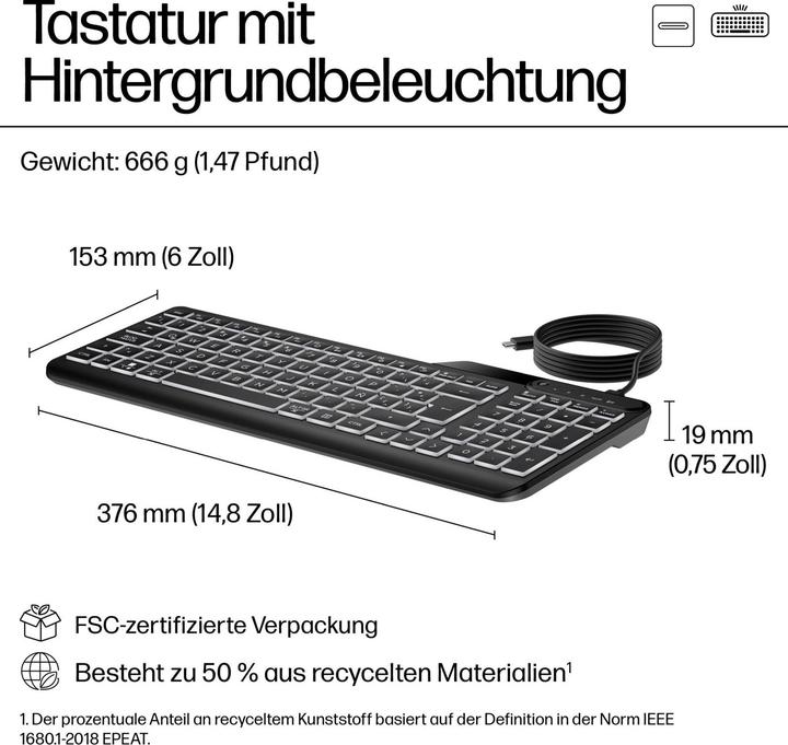 Actual product image HP 405 Multi-Device Backlit Wired Keyboard (DE)