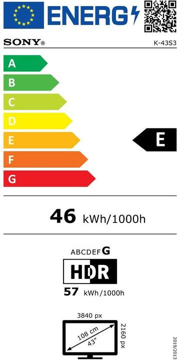 Energie-Label Sony K-43S3 (43", Bravia 3, LCD, 4K, 2025)