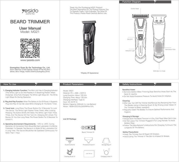 Produktbild Yesido - Beard Trimmer (MG21) - Type-C, 5500RPM, 900mAh - Black
