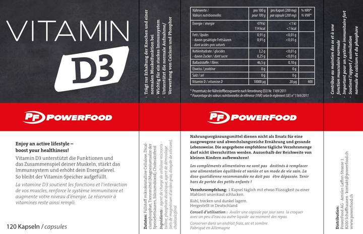 Valeurs nutritives et ingrédients Powerfood Vitamine D3 (120 pièce(s), Cachets, 522 g)