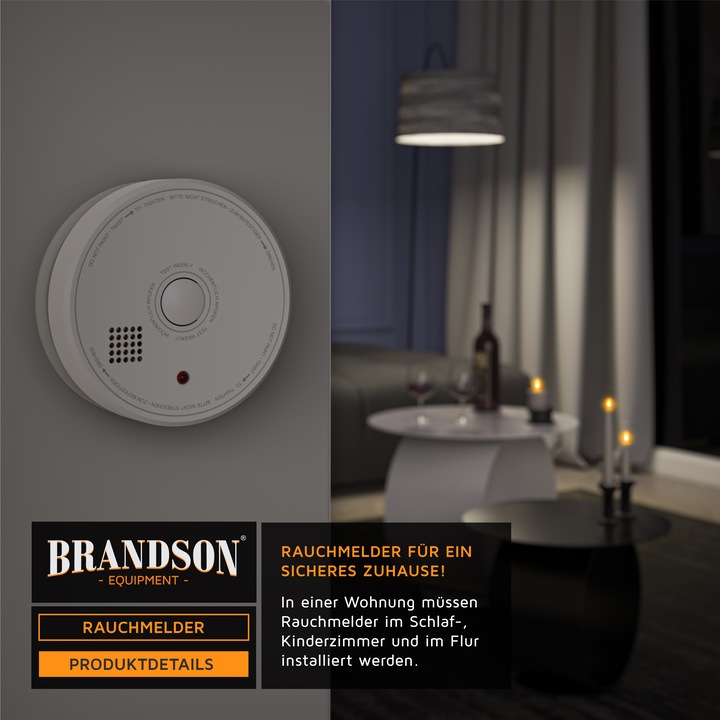 Produktbild Brandson Rauchmelder, wechselbare 9V Blockbatterie, Smoke Detector, LED, TÜV geprüft & EN14604 Zertifiziert