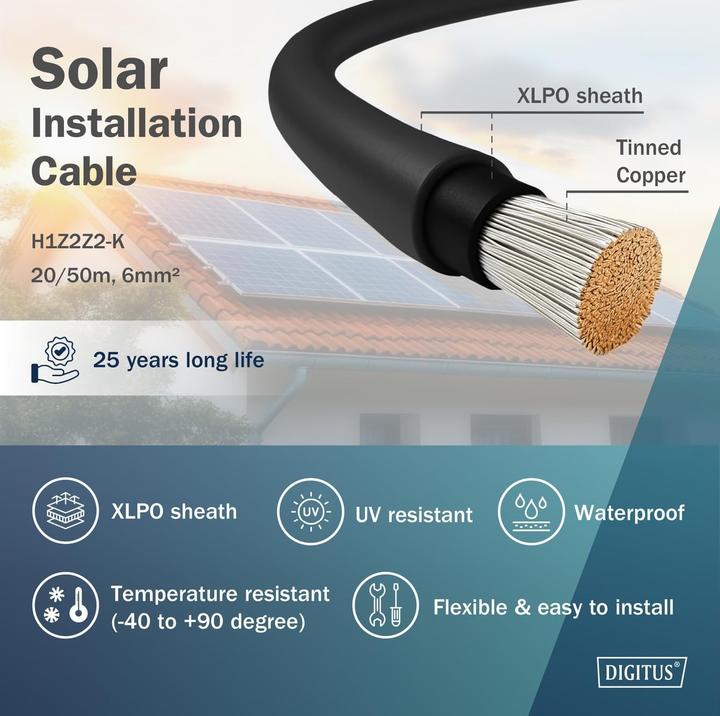 Immagine prodotto Digitus Solar Installationskabel,H1Z2Z2-K,6sqmm,PV 50m,schwarz,solarpanel,inverter,chargecontroller