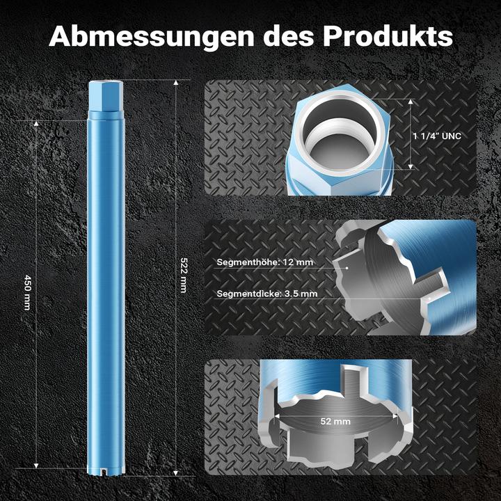 Produktbild Wiltec Diamantbohrkrone Shark Ø52mm Bohrkrone 450mm 1¼ UNC Diamantbohrer Beton (52 mm)