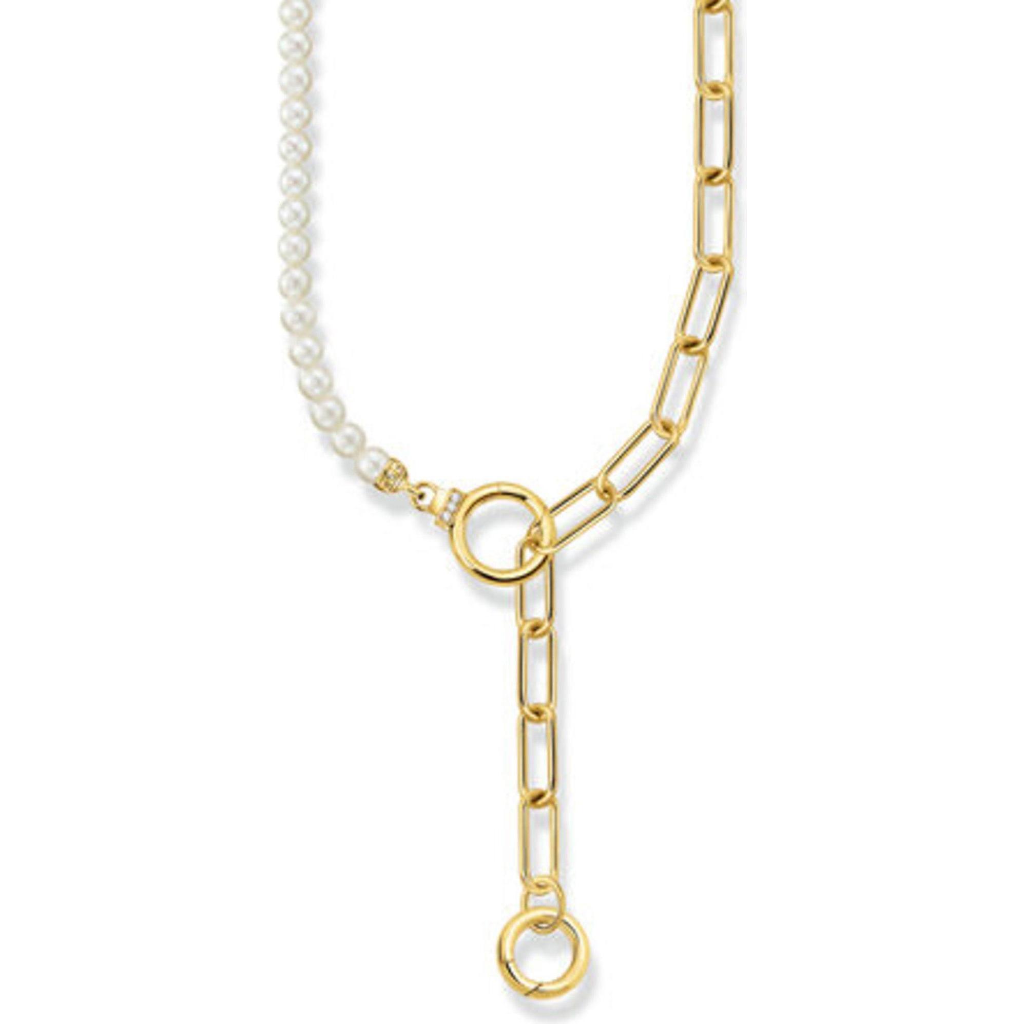 Thomas Sabo, Collana, Collana di perle coltivate d'acqua dolce e catena a maglie placcata in oro con pietre bianche, (Argento 925, Doratura in oro gia