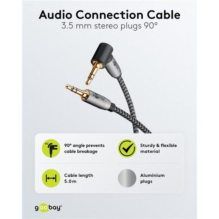 Thumbnail - Goobay Audio Verbindungskabel AUX, 3,5 mm stereo, 90°, 5 m, Sharkskin Grey (5 m, 3.5mm Klinke (AUX)), Audio Kabel