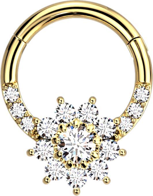 Produktbild Star Piercing Micro Segmentring klappbar vergoldet front Kristalle silber und Blume (Chirurgenstahl 316L)