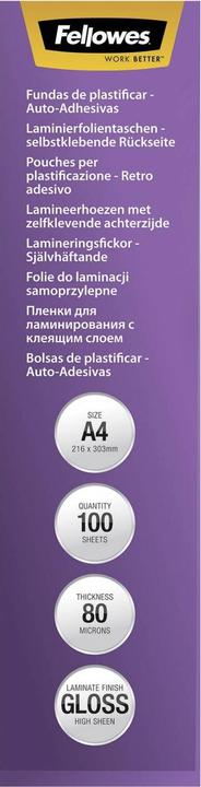 Produktbild Fellowes A4, 80 Mikron, selbsklebend (A4, 100 Stück, 80 µm)