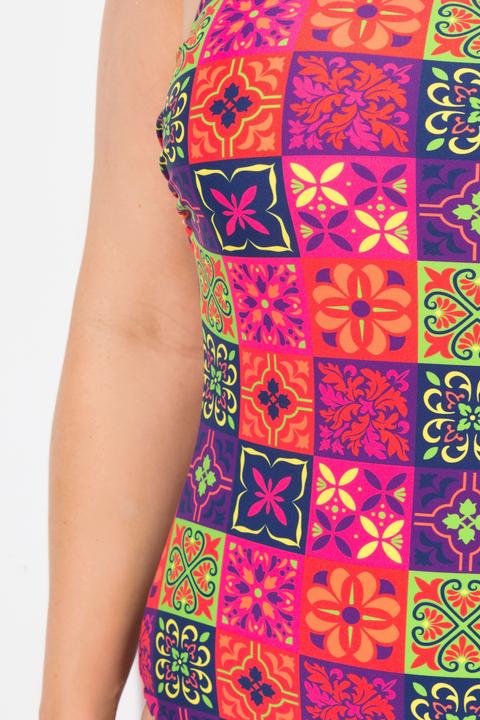 Image du produit Ulla Popken Maillot de bain sans bonnets souples, décolleté rond et motif « carreaux de faïence » (58)
