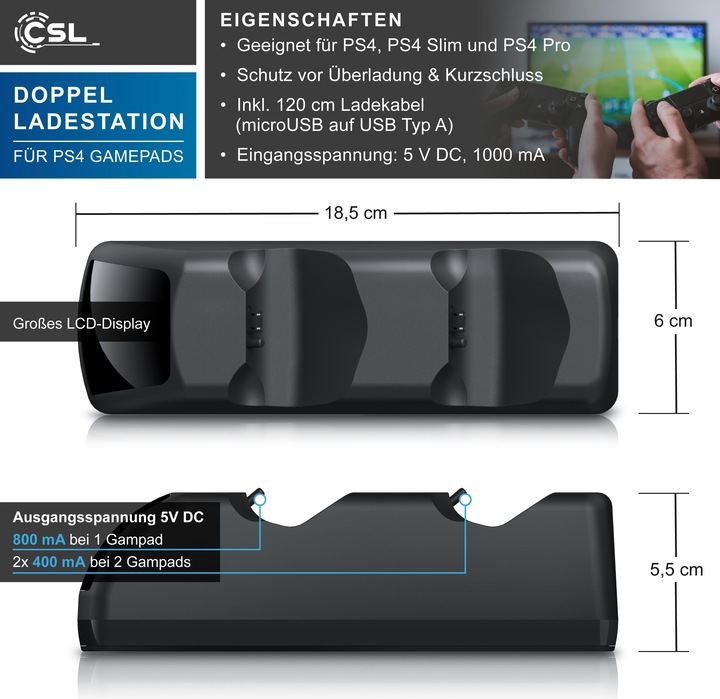 Immagine prodotto CSL Stazione di ricarica per 2x gamepad PS4, caricatore doppio, caricatore per controller wireless (PS4)