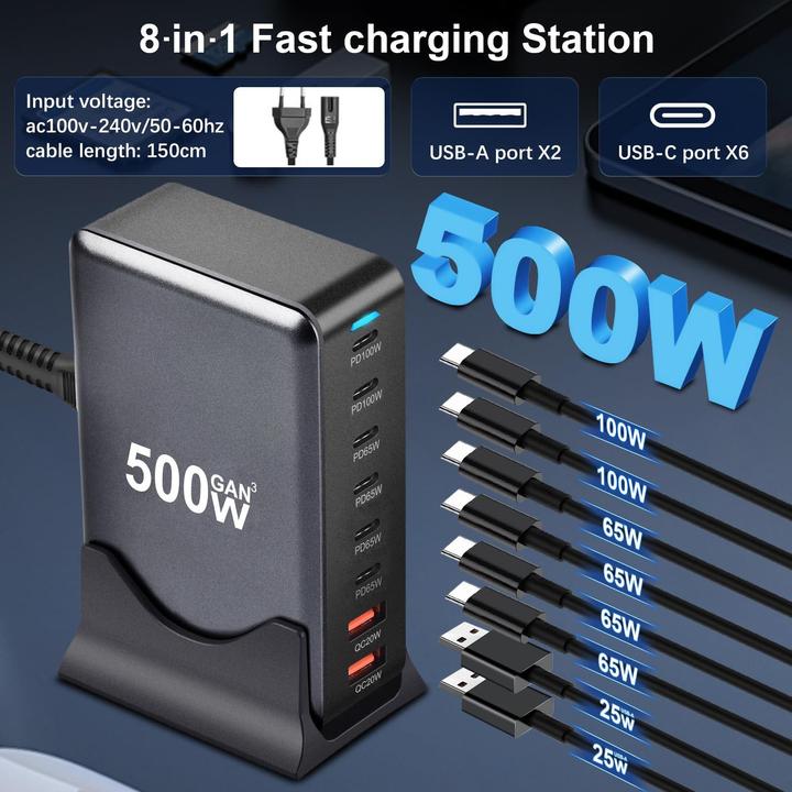 Image du produit PhoneLook Station de charge rapide 500W 8 ports USB PD Quick Charge 3.0 USB-C avec câble inclus prise CH/EU in (500 W)