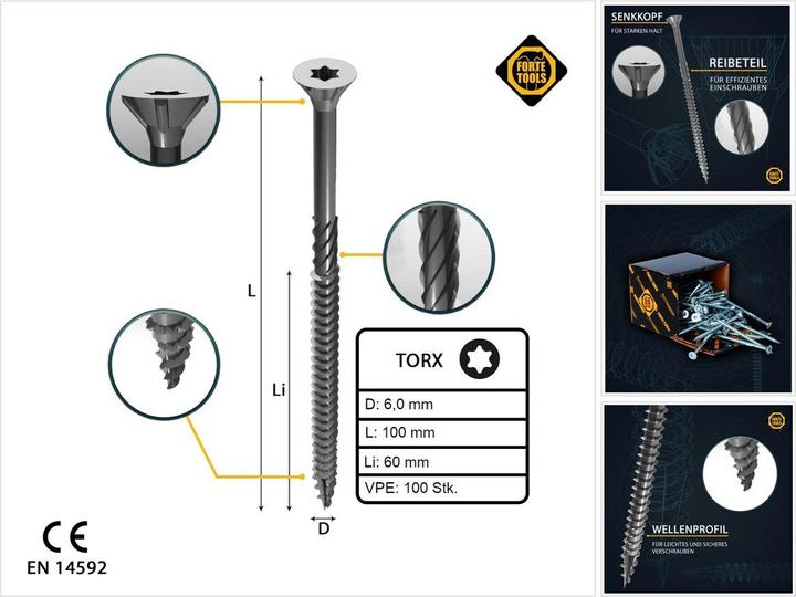 Forte tools CHIPBOARD SCR T30 6.0X100/60 WHIT ZN(100 (100 Screws per piece)