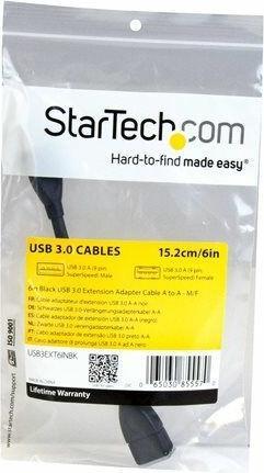 Actual product image StarTech 15cm USB 3.0 extension cable - USB 3 type A cable extension - male/female - black (0.15 m, USB 3.0)