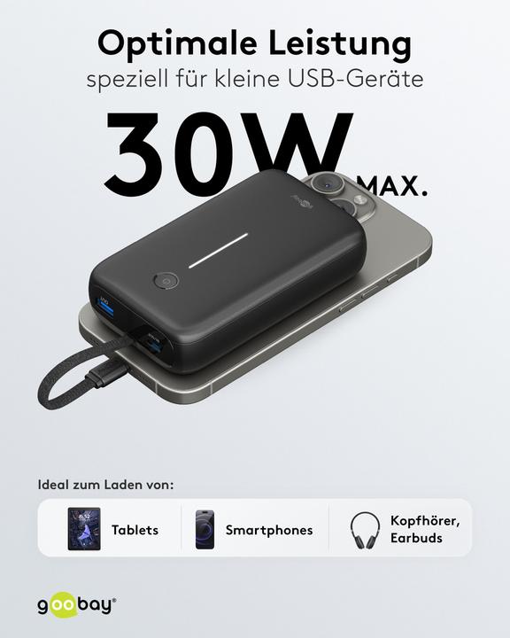 Produktbild Goobay Powerbank 20.000 mAh mit integriertem USB-C-Kabel (20000 mAh, 20 W, 15 Wh)