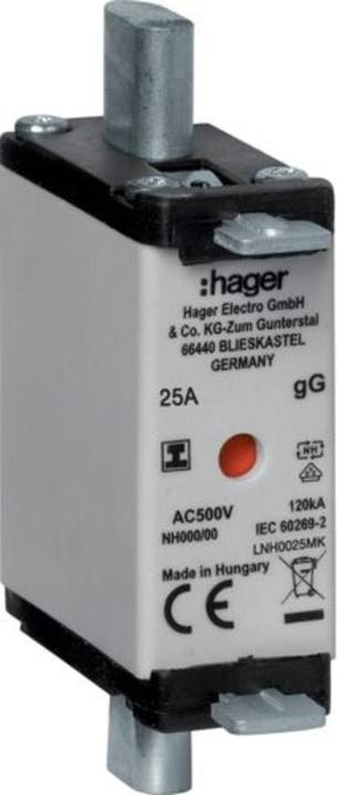 Produktbild Hager NH-Sicherungseinsatz NH000 gG, 500 V, isolierte Grifflasche, 25 A (25 A)