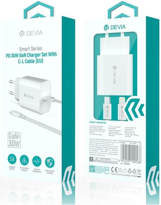 Actual product image Devia wall charger Smart PD GaN 30W 1x USB-C white + cable USB-C - Lightning (30 W, 1 portion)
