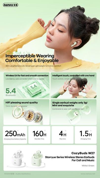 Actual product image Remax Bluetooth Earphones Tws W27 White Bt 5.4 (Wireless)