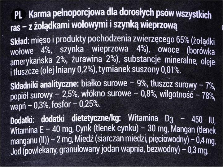 Nährwerte und Zutaten Dolina noteci Rafi Rindermagen mit Schinken - Nassfutter für Hunde - 400g (Adult, 1 Stk., 400 g)