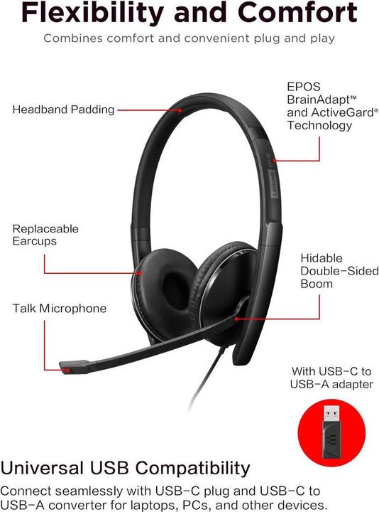 Actual product image Lenovo Wired Anc Headset Gen 2 Uc (Cable, USB-C)