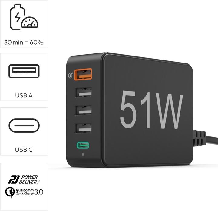 Actual product image Hama Quick charger 5 ports, 1x QC 3.0, 3x USB-A, 1x USB-C PD, 51 W, Black (51 W)