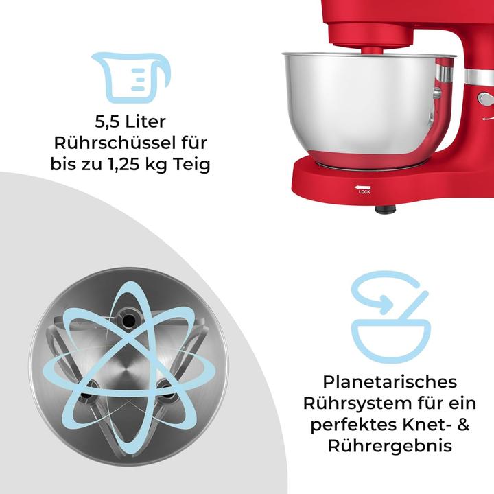 Image du produit KLAMER Küchenmaschine Classic 1400 W – 5,5 L Rührschüssel aus Edelstahl, Knet-, Rühr- & Schneeb… (1400 W, 5.50 l)