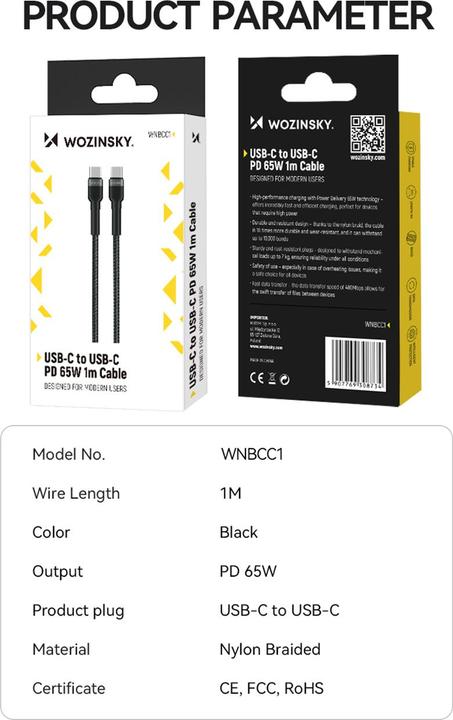 Actual product image Wozinsky WNBCC1 USB-C / USB-C PD 65W cable 1 m - black (1 m, 65 W)