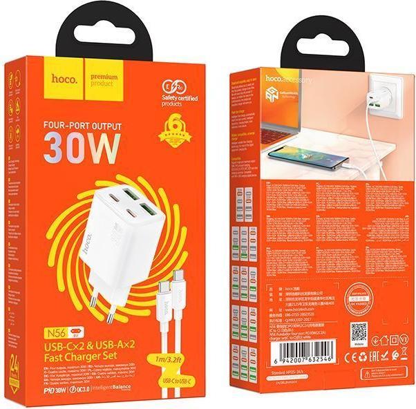 Produktbild Hoco Adapter charger 2 x Type C + 2 x USB A + cable Type C to Type C PD QC3.0 3A 30W N56 white (30 W, 4 Ports)