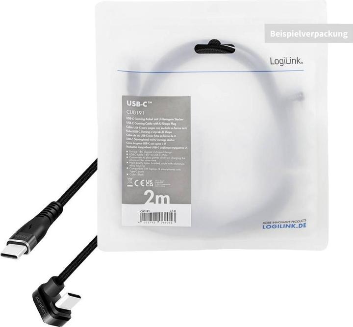 Immagine prodotto LogiLink Cavo USB 2.0 Type-C, C/M 180° a USB-A/M, alluminio, nero, 2 m (2 m, USB 2.0, 20 W)