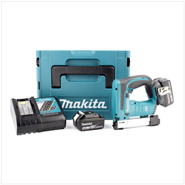 1x Makita DST 221 cordless stapler, 1x Makita Makpac size 2, 1x DST 221 insert for Makpac, 2x Makita BL 1840 B 4.0 Ah battery, 1x Makita DC18RC charger