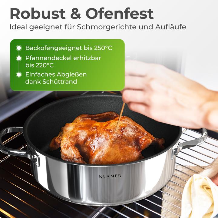 Produktbild KLAMER 28cm Induktion Servierpfanne, Antihaft, Backofenfest, inkl. Deckel (28 cm, Bratpfanne, Edelstahl)