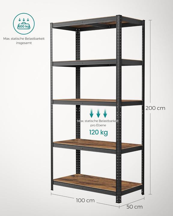 Produktbild Songmics Schwerlastregal GLR050B11 schwarz, braun 100,0 x 50,0 x 200,0 cm