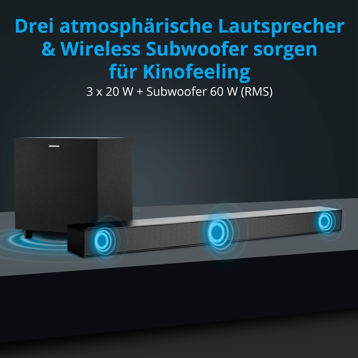 Produktbild Medion LIFE® S61022 Dolby Atmos® Soundbar, multidimensionaler Sound für die Heimkino-Atmosphäre, Bluetooth® (120 W, 2.1 Kanal)