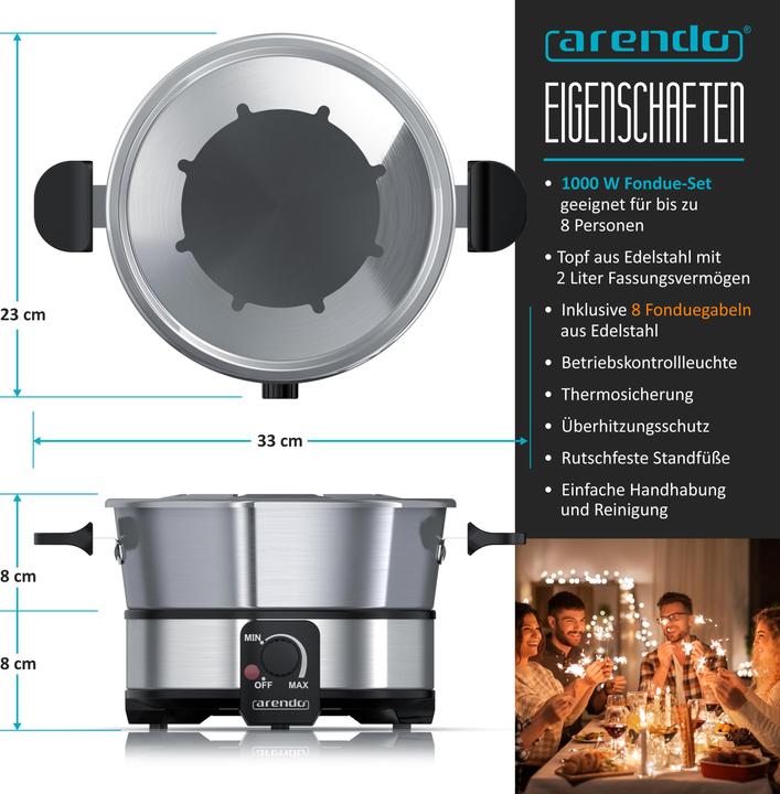 Produktbild Arendo Fondueset Edelstahl für 8 Personen - Fondue elektrisch - 1000 W Heizplatte - Set mit 8 Gabeln (Fondue Chinoise, Fondue Bourguignonne)