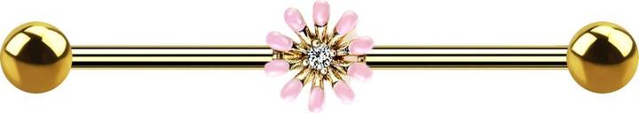 Produktbild Star Piercing Barbell 14k vergoldet mit Blume rosa (Messing, Chirurgenstahl 316L)
