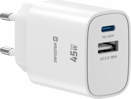 Produktbild Swissten Netzadapter EDGE GaN 45W, 2 Ports, 1x USB-C PD 45W + 1x USB-A 18W QC (45 W, 2 Ports)