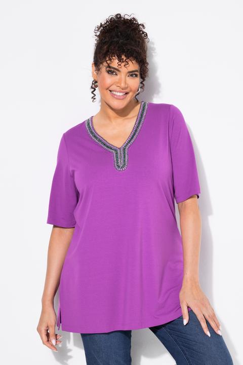 Image du produit Ulla Popken T-shirt tunique, manches courtes, large liseré fantaisie tout autour du décolleté (58)