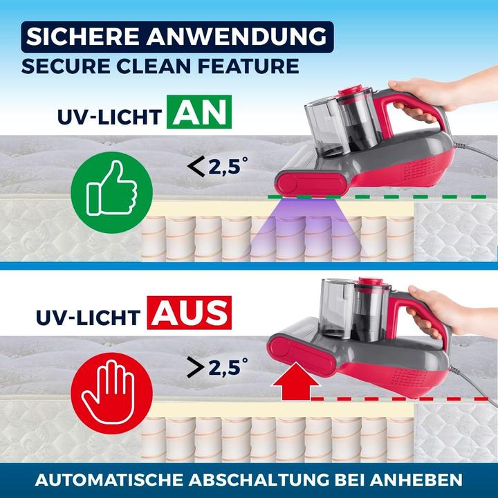 Immagine prodotto CleanMaxx Aspirapolvere rotante per acari con luce UV-C e filtro HEPA, elimina il 99% di acari e batteri