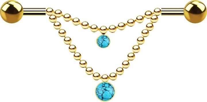 Image du produit Star Piercing Barbell plaqué or deux boules deux chaînes pierre turquoise (sans laiton, Minéral, Acier chirurgical 316L)
