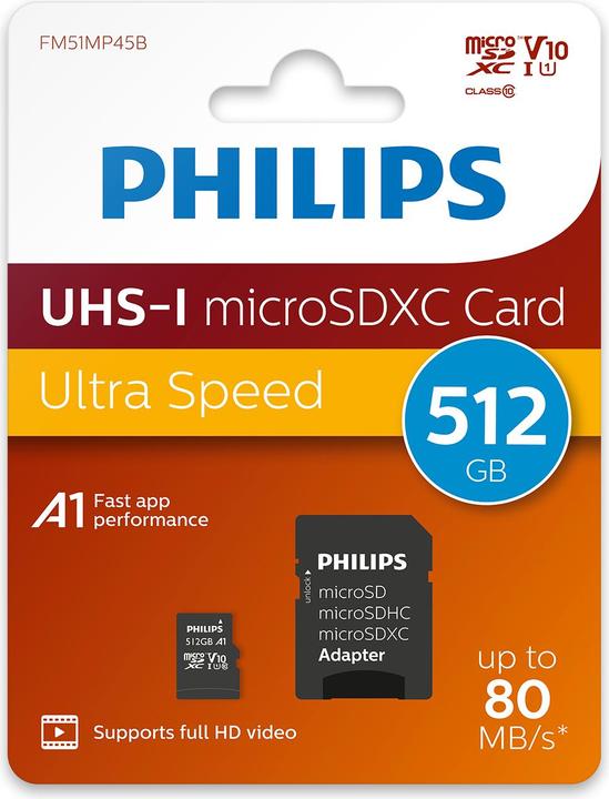 Actual product image Philips MicroSDXC Card 512GB Class 10 UHS-I U1 incl. adapter (512 GB, microSDXC, U1, UHS-I)