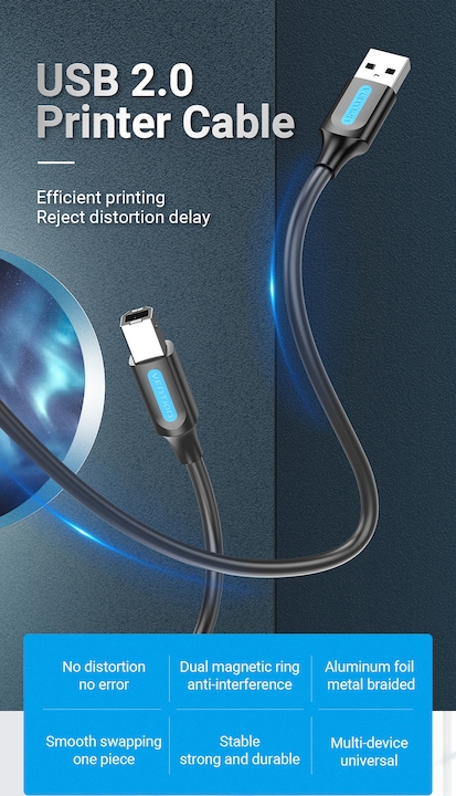 Image du produit Vention Câble USB 2.0 A mâle vers USB-B mâle avec noyau en ferrite COQBL 10m Noir PVC (10 m, USB 2.0)