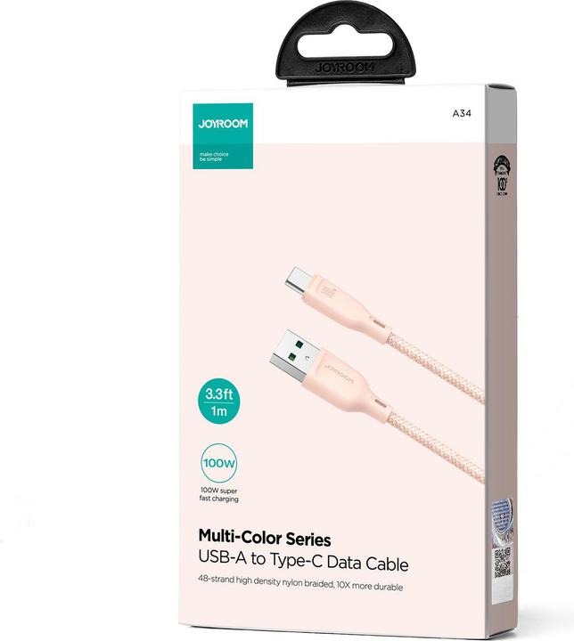 Produktbild Joyroom Multi-Color Series SA34-AC6 USB-A/USB-C-Kabel 100 W, schnelle Übertragung, 1 m – Pink (1 m, USB 3.2 Gen 1, 100 W)