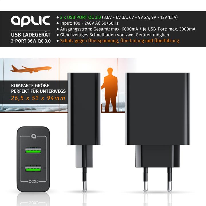 Actual product image Aplic USB charger, 2-port Quick Charge USB charger 36 W / 6000 mA / fast charging function, black (36 W, 2 ports)