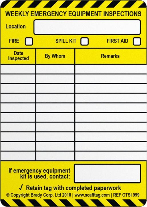 Actual product image ScaffTag Weekly Emergency Inspection insert label