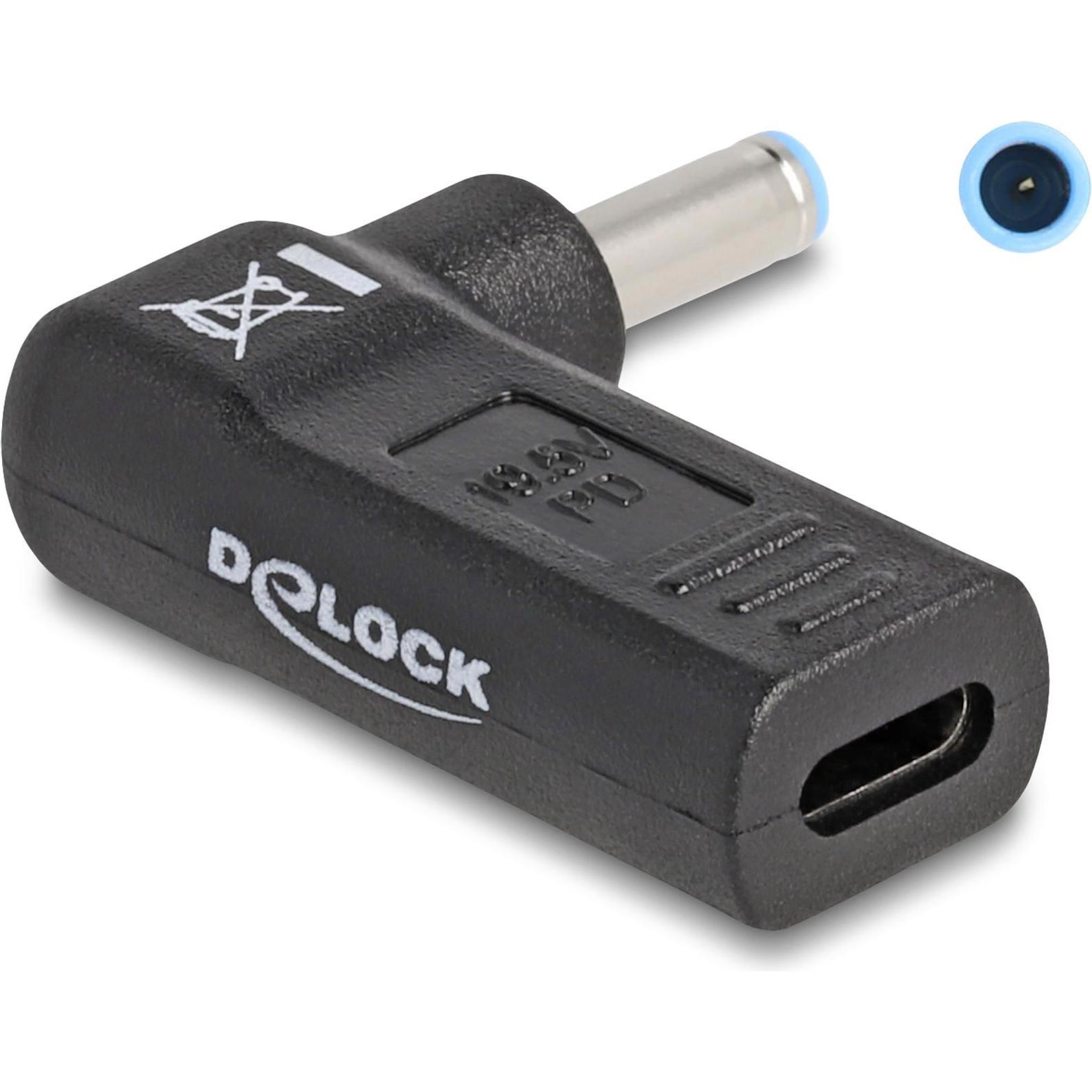 Delock Adapter USB-C zu HP 4.5 x 3.0 mm 90° gewinkelt (USB Typ-C, 3.80 cm), Data + Video Adapter, Schwarz