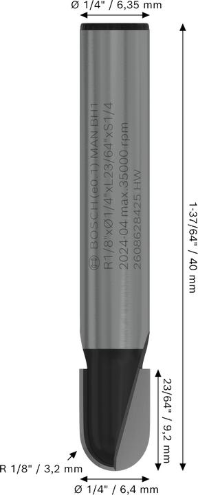 Immagine prodotto Bosch Professional Zubehör Fresa a filetto, 1/4 di pollice, R1 3,2 mm, P 9,5 mm, L 9,2 mm, G 40 mm. Per la fresatura a mano